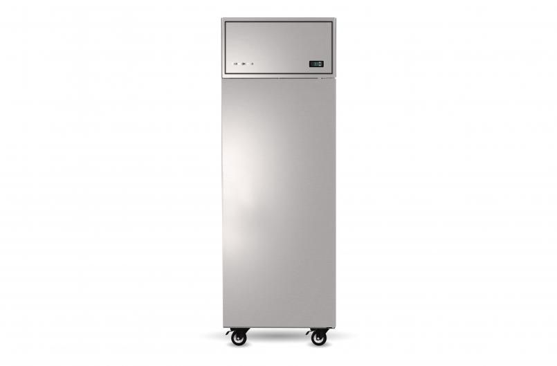 A stainless steel refrigerator with wheels on a white background.