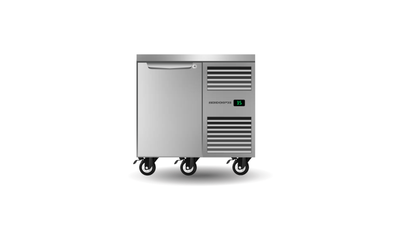 A stainless steel refrigerator with wheels on a white background
