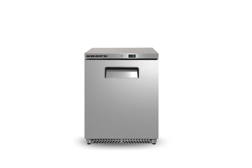A stainless steel refrigerator is sitting on a white surface.
