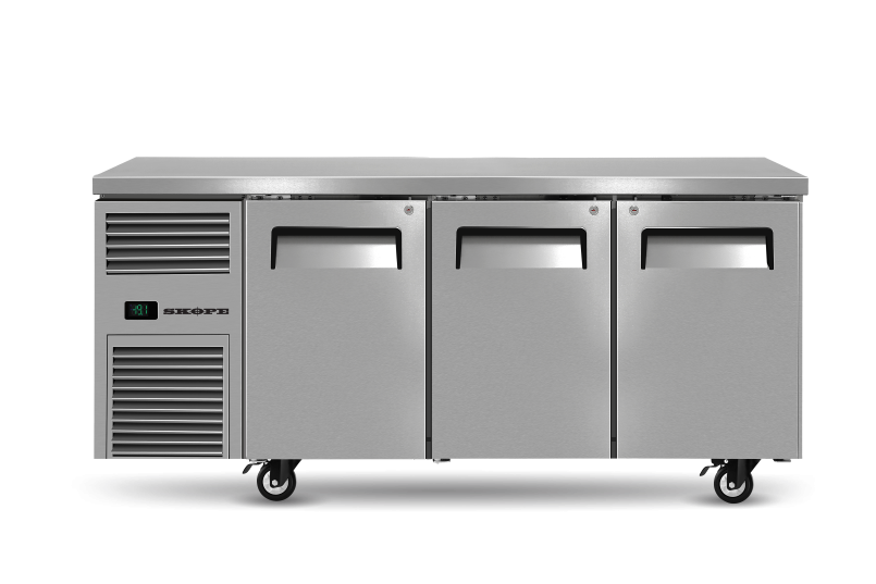 A stainless steel refrigerator with three doors and wheels on a white background.