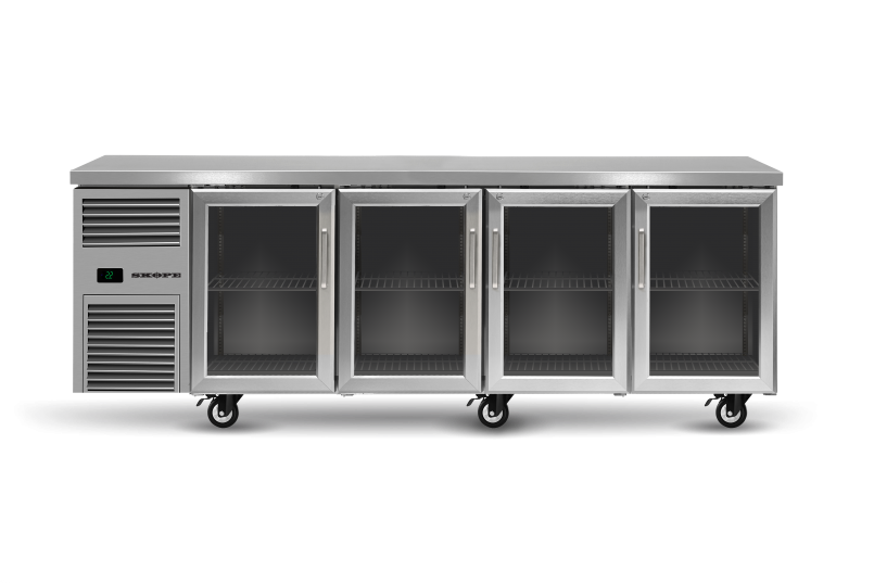 A stainless steel refrigerator with four glass doors and wheels on a white background.
