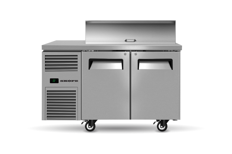 A stainless steel refrigerator with wheels on a white background