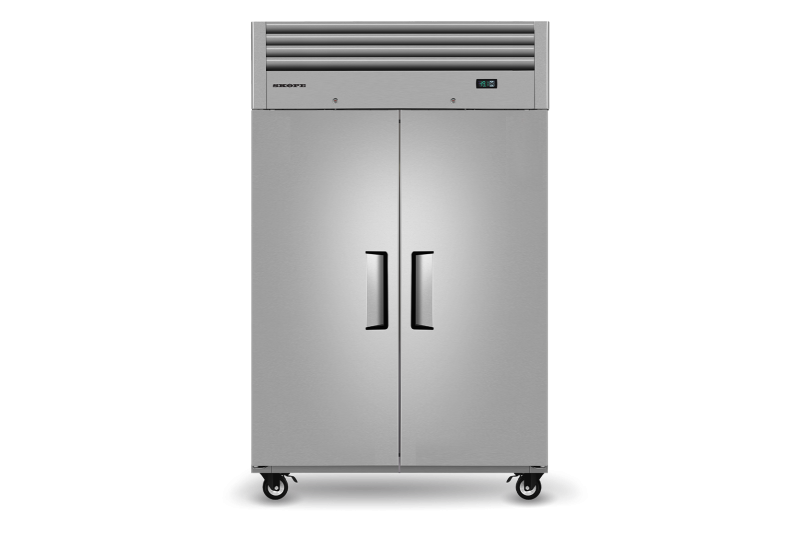 A stainless steel refrigerator with two doors and wheels