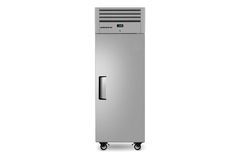 A stainless steel refrigerator with wheels on a white background