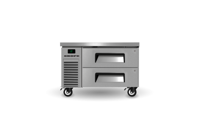 A stainless steel refrigerator with two drawers and wheels on a white background.