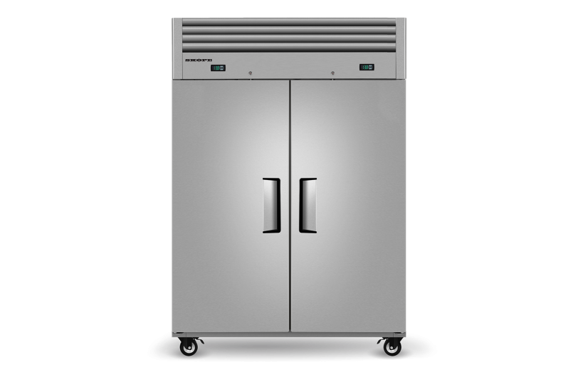 A stainless steel refrigerator with two doors and wheels