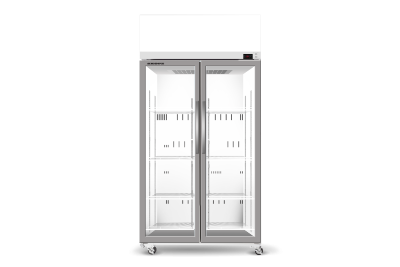 A refrigerator with two glass doors on a white background.