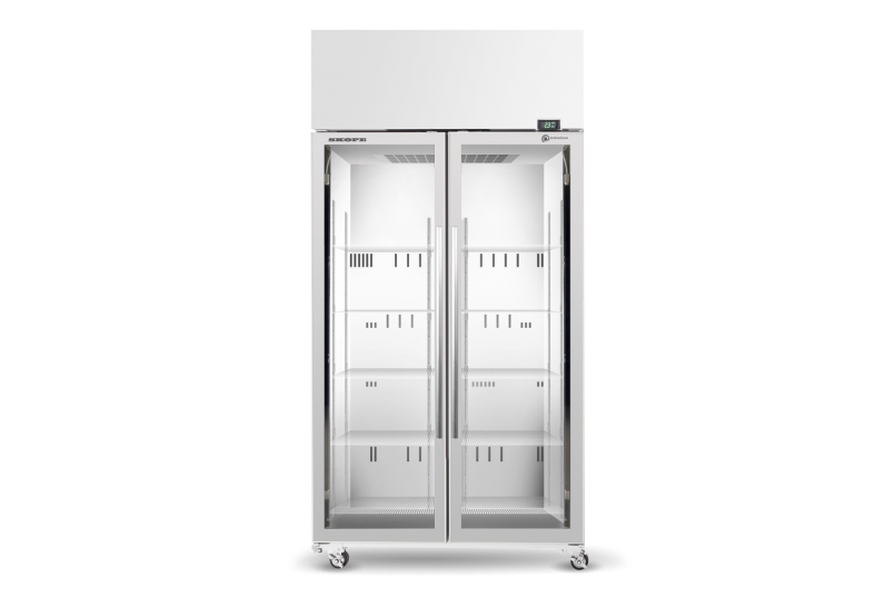 A stainless steel refrigerator with glass doors on a white background.
