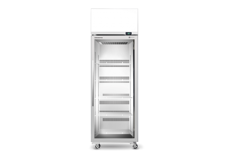 A stainless steel refrigerator with a clear glass door
