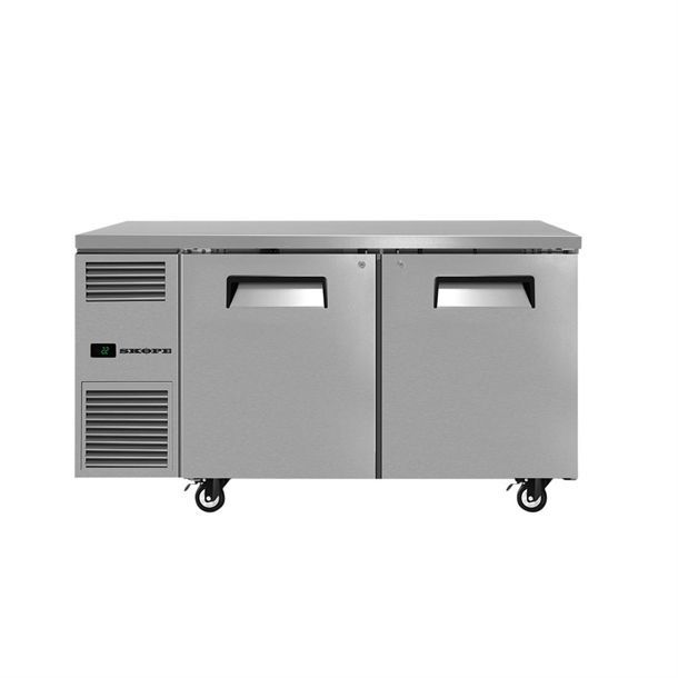 A stainless steel refrigerator with two doors and wheels on a white background.