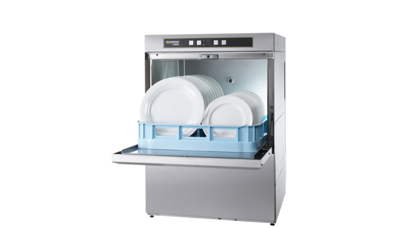 A stainless steel dishwasher filled with plates and cups.