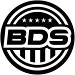 The bds suspension kits logo is a black and white circle with stars on it.