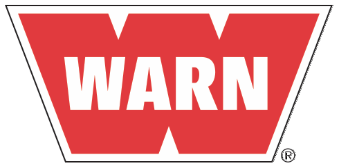 A red and white logo for warn on a white background.