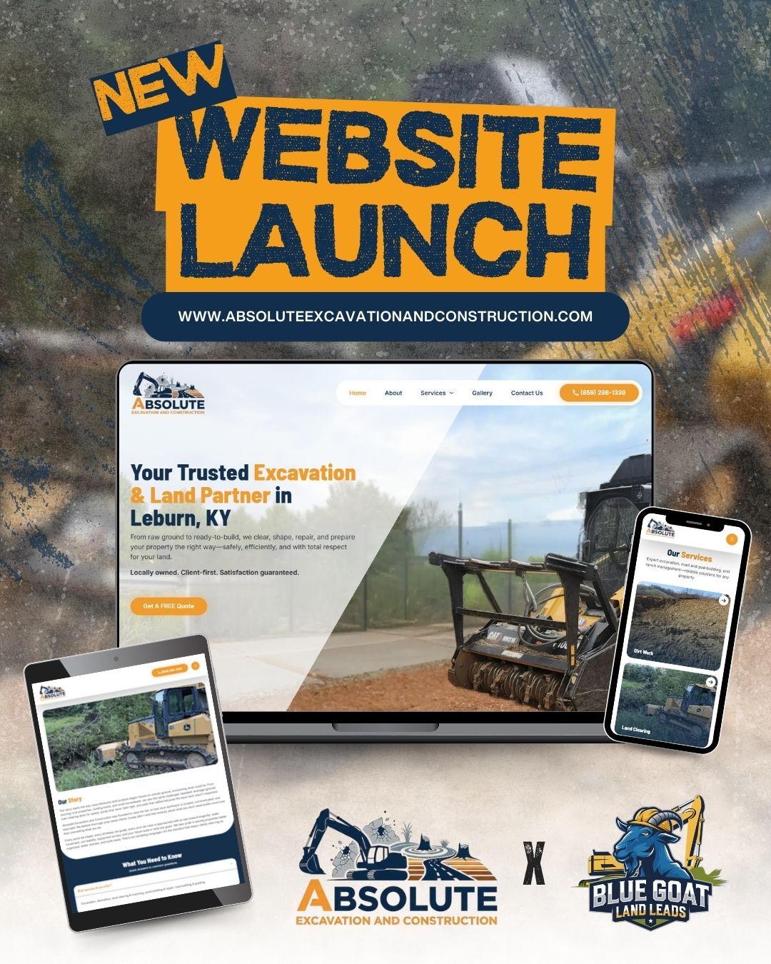 Advertisement for Absolute Excavation & Construction website launch. Shows website on laptop and phones.