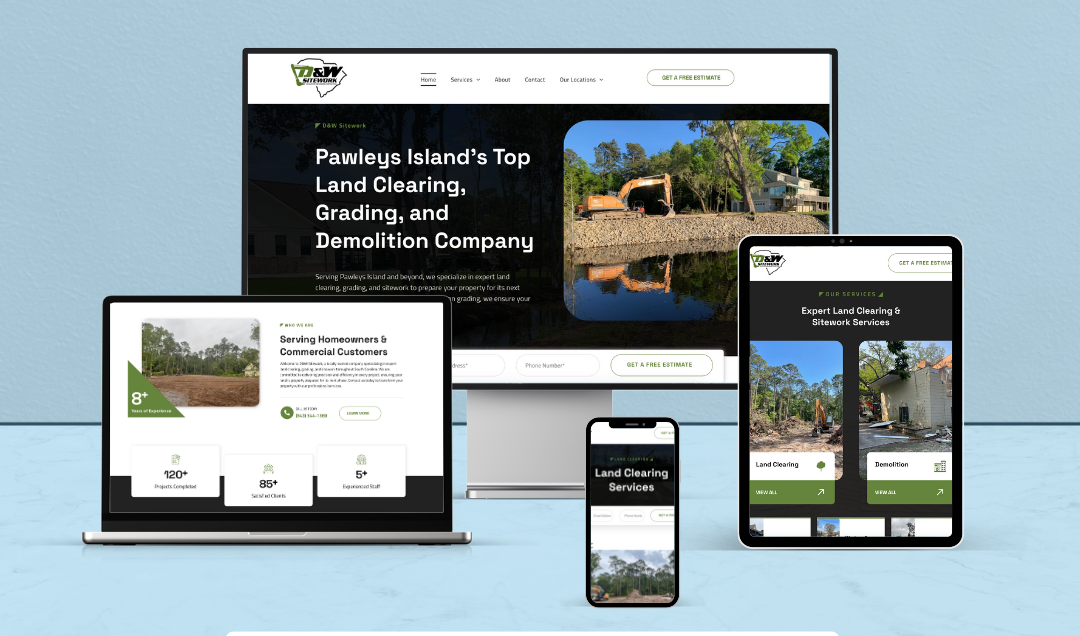 Website design displayed on various devices: desktop, laptop, tablet, and phone; featuring land clearing services.