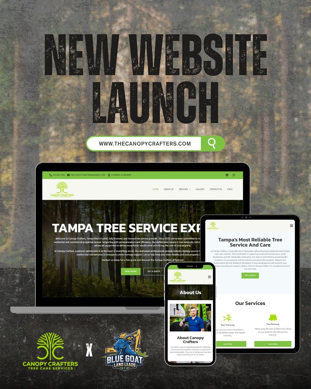 New website announcement. Displays of a laptop, tablet, and phone showcasing the new website for Tampa Tree Service Experts.