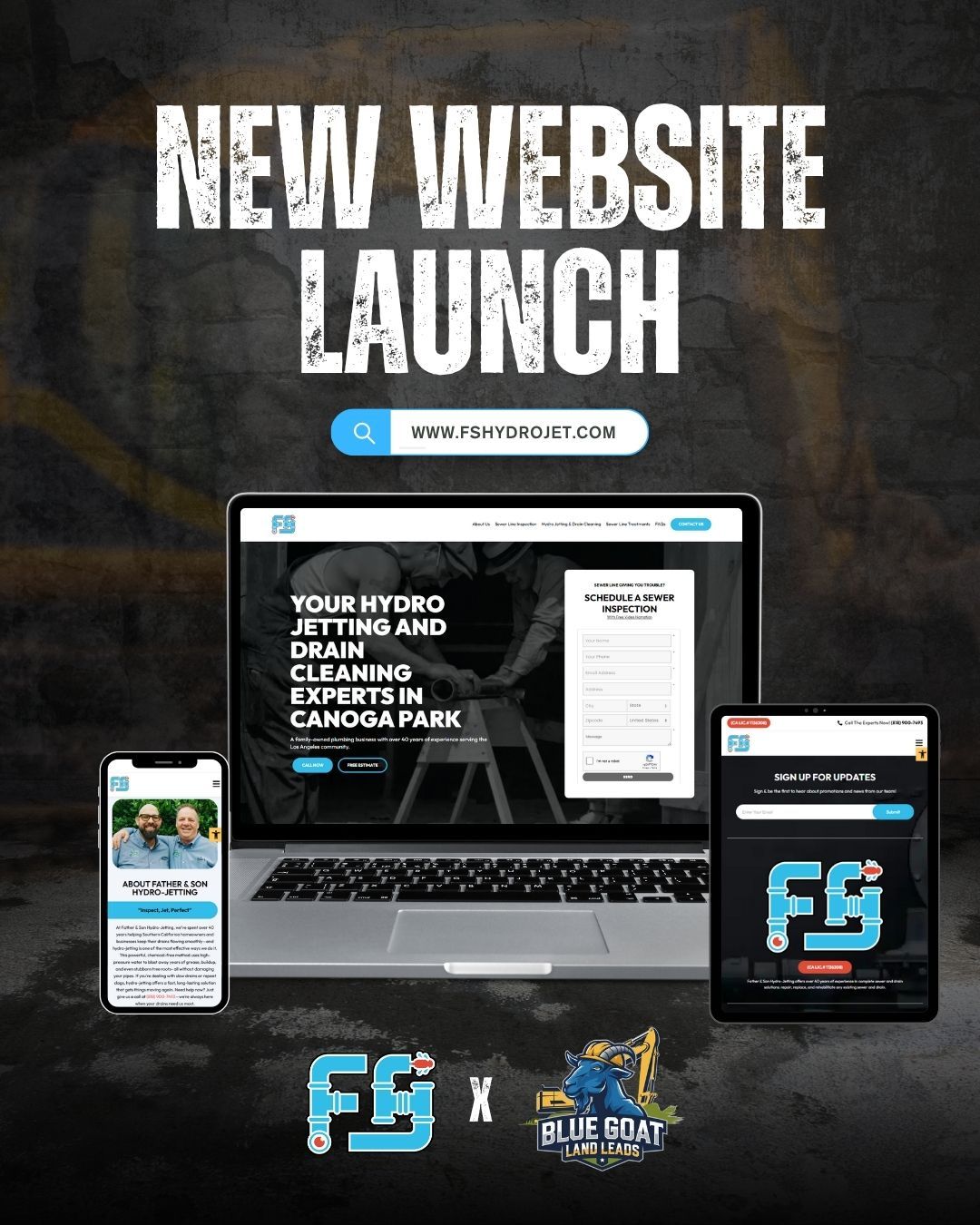 New website launch ad. Website on laptop, phone, and tablet. Website offers hydro jetting and drain cleaning in Canoga Park.