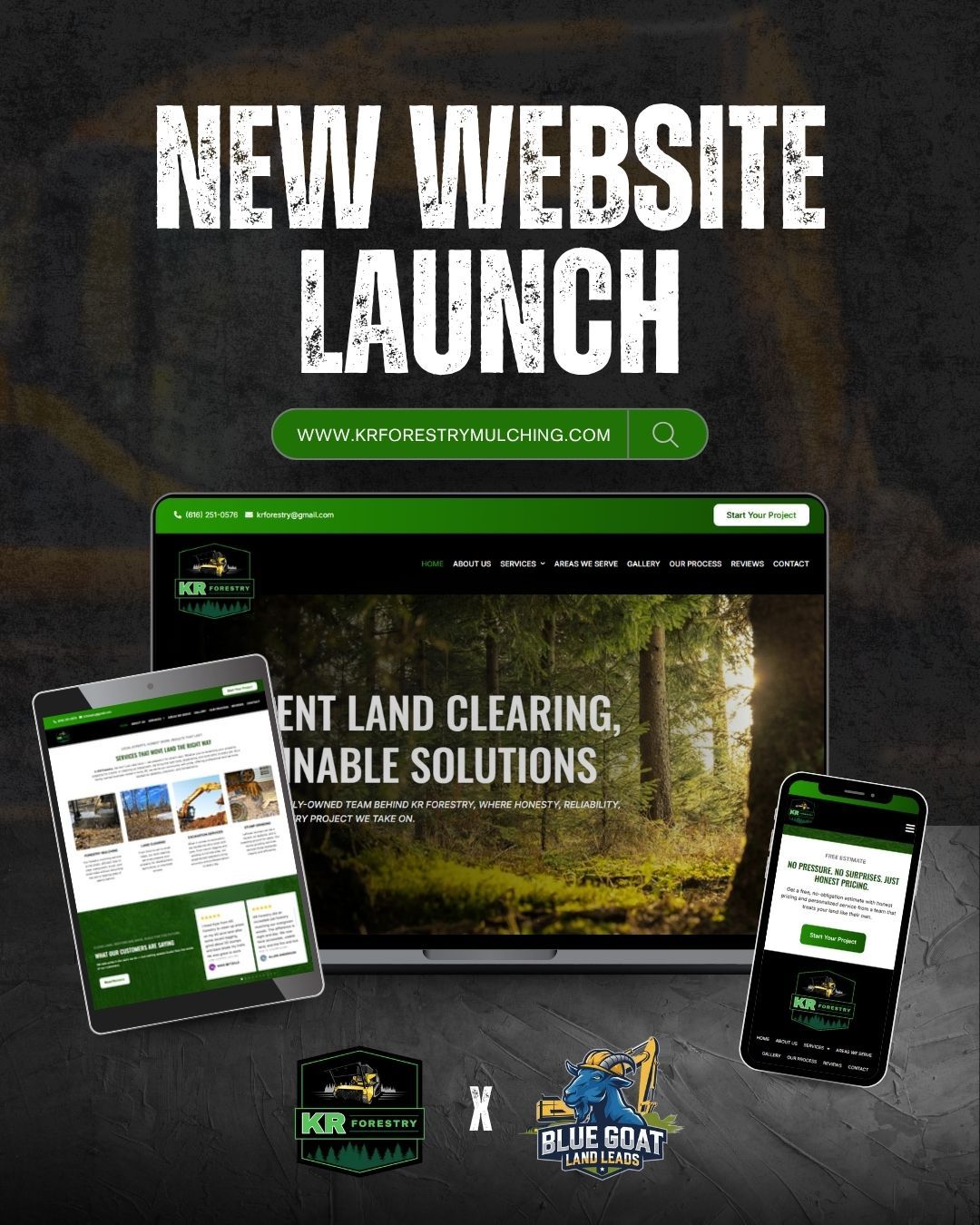 New website launch ad, featuring a laptop and two phones displaying the new website for land clearing services. 
