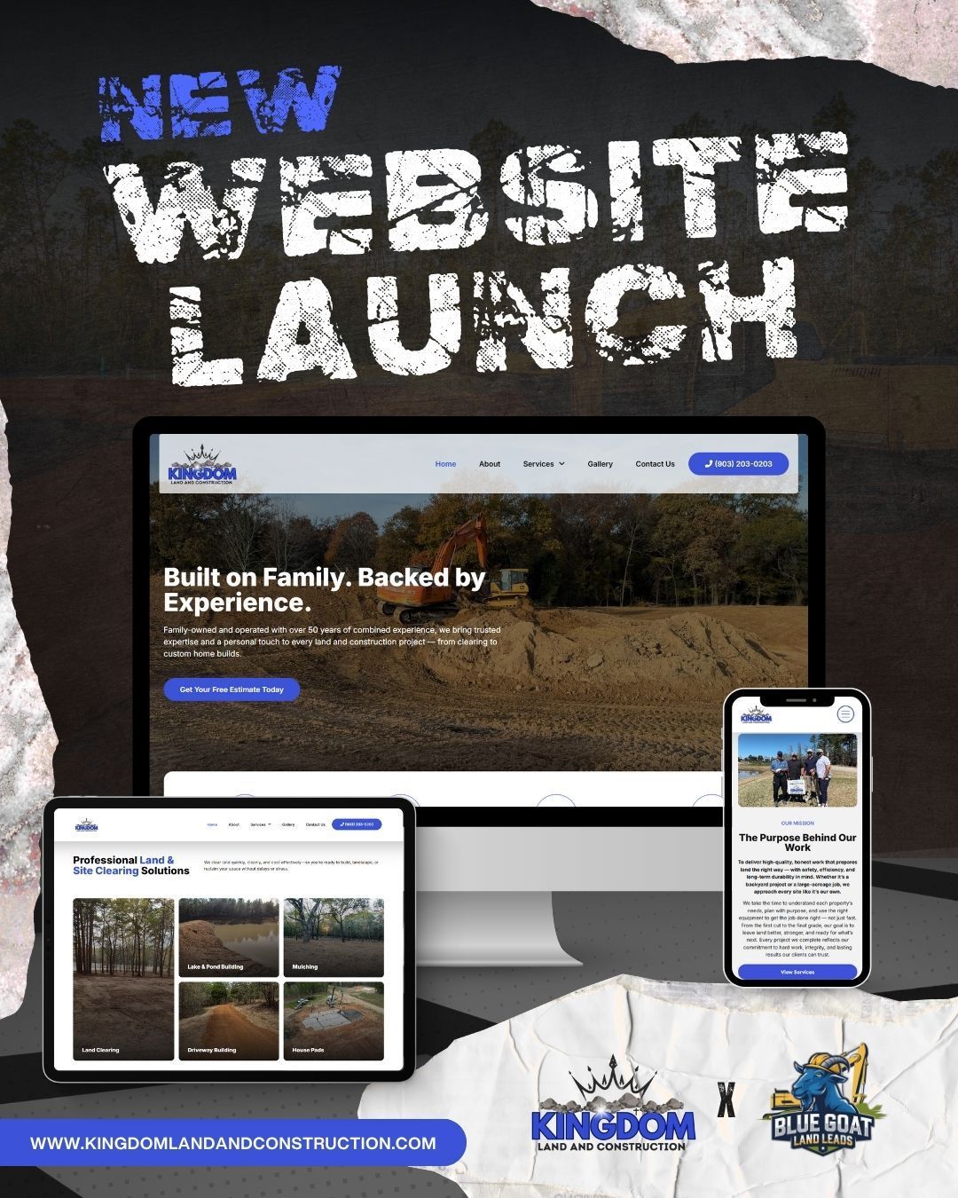 Website launch announcement: New website displayed on desktop, tablet, and phone. Blue, gray and tan color scheme.