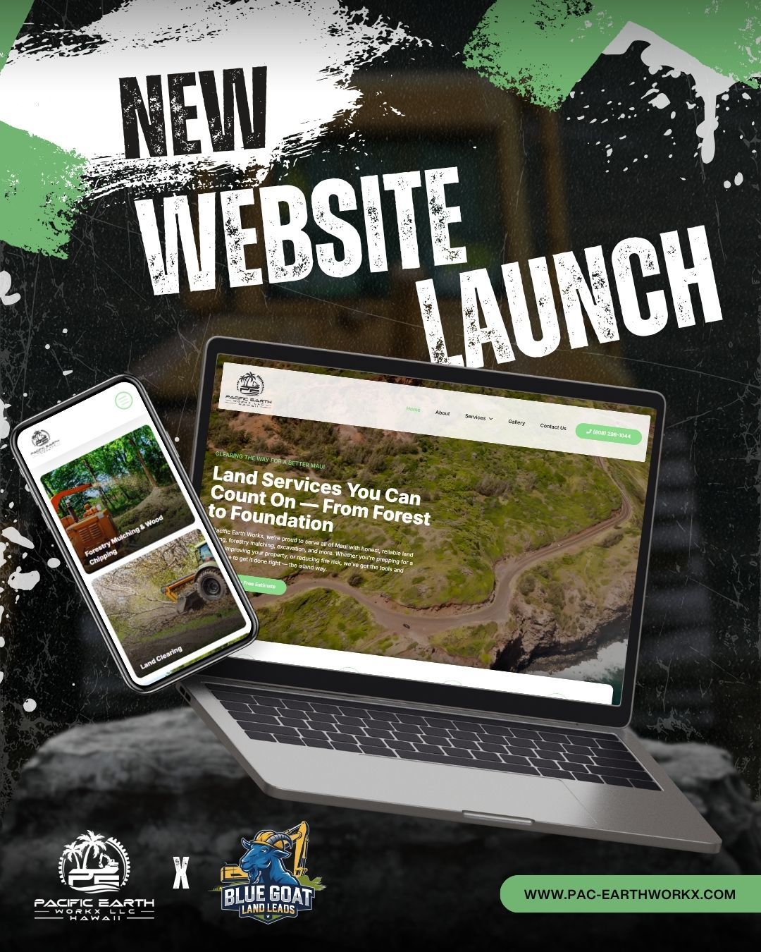 New website launch announcement with laptop and phone showing the site. Green and black color scheme.