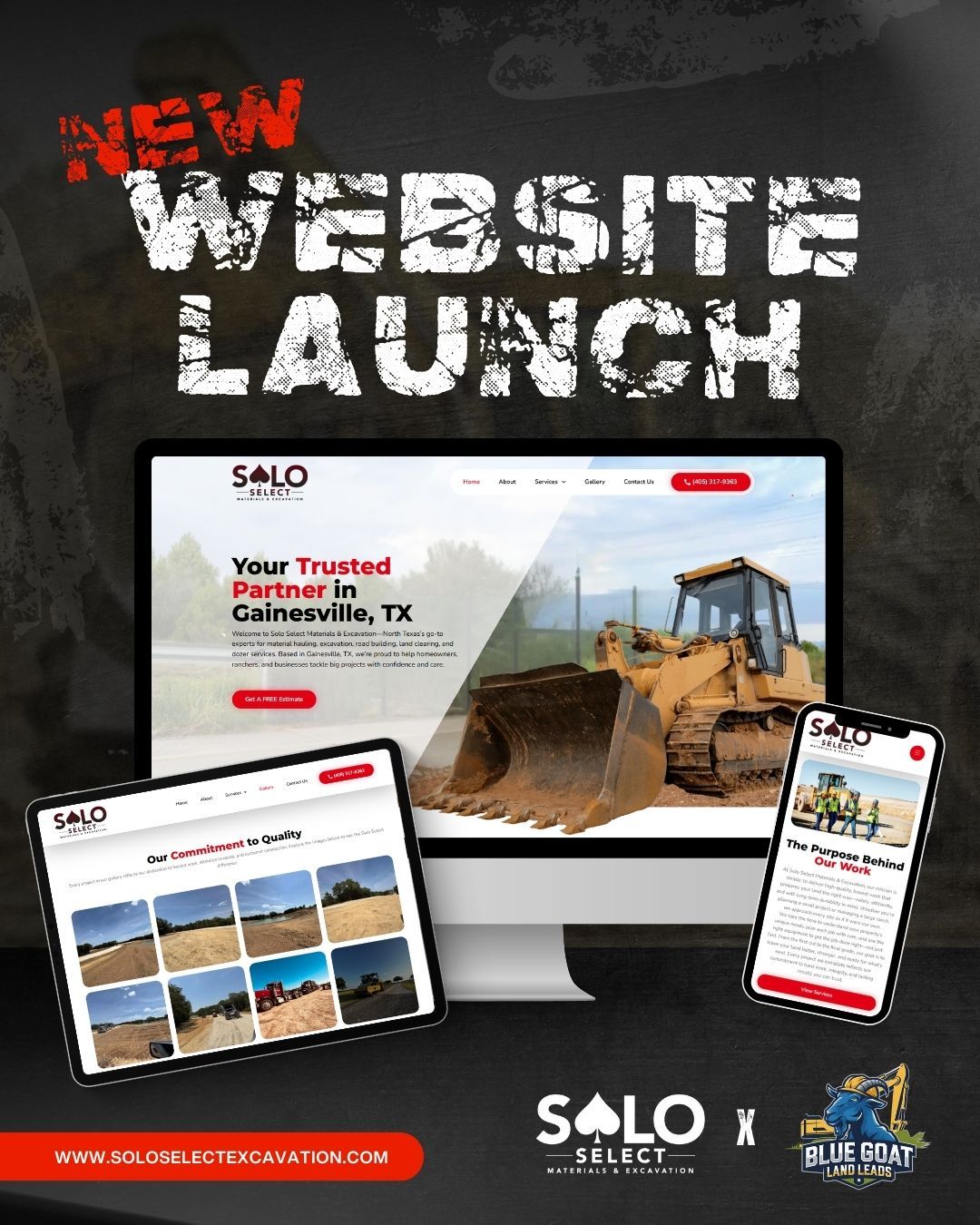New website announcement for Solo Select. a website on a monitor, tablet, and phone with construction equipment imagery.
