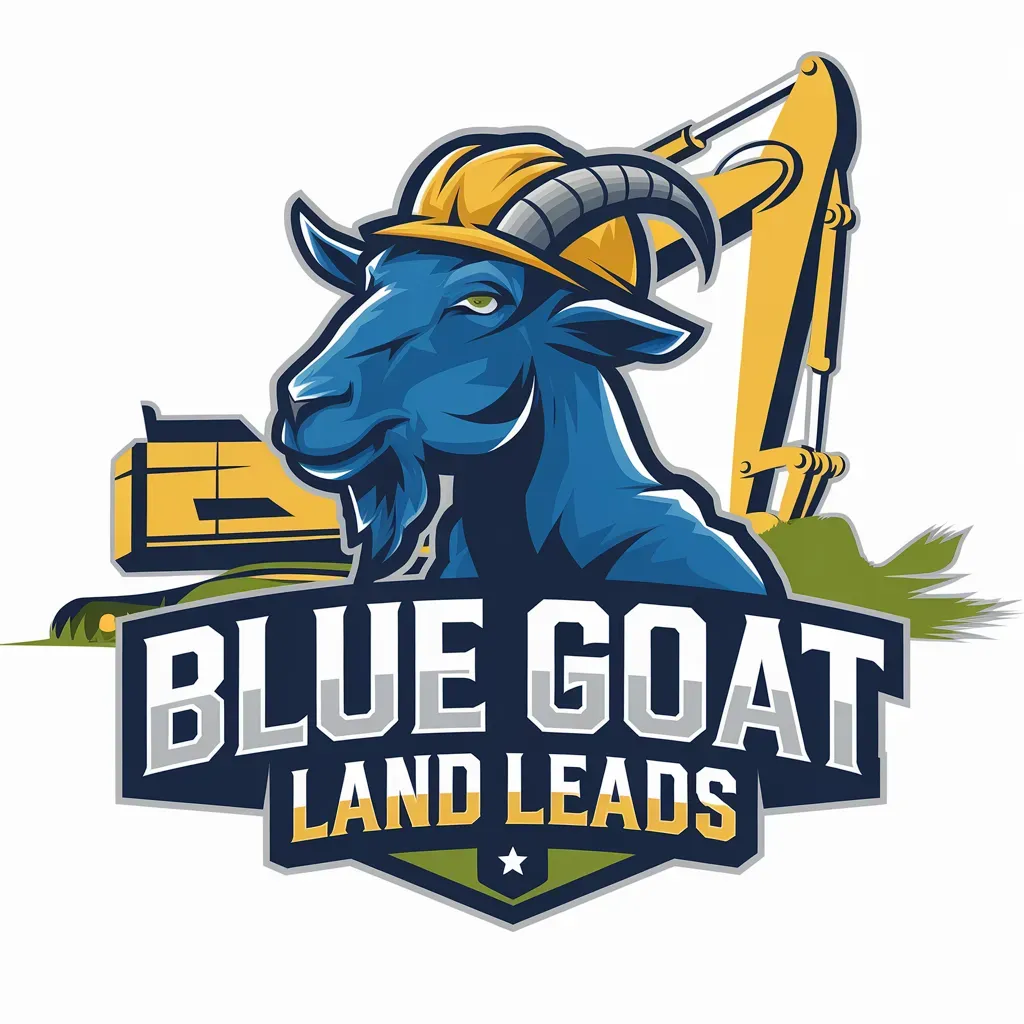 The logo for blue goat land leads shows a blue goat wearing a hard hat.