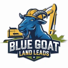 The logo for blue goat land leads shows a blue goat wearing a hard hat.