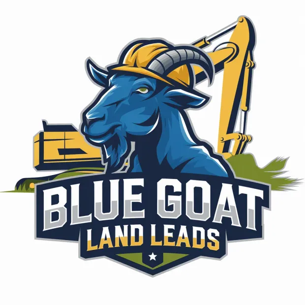 The logo for blue goat land leads shows a blue goat wearing a hard hat.