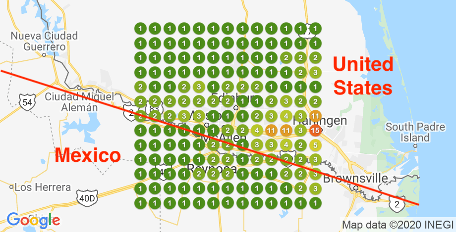 A map showing the distance between mexico and the united states.
