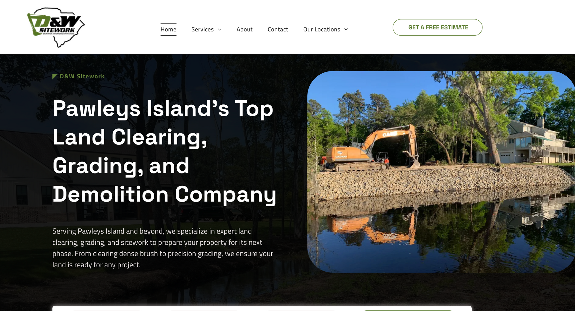 Pawleys Island land clearing company website: excavator on water bank, near house.