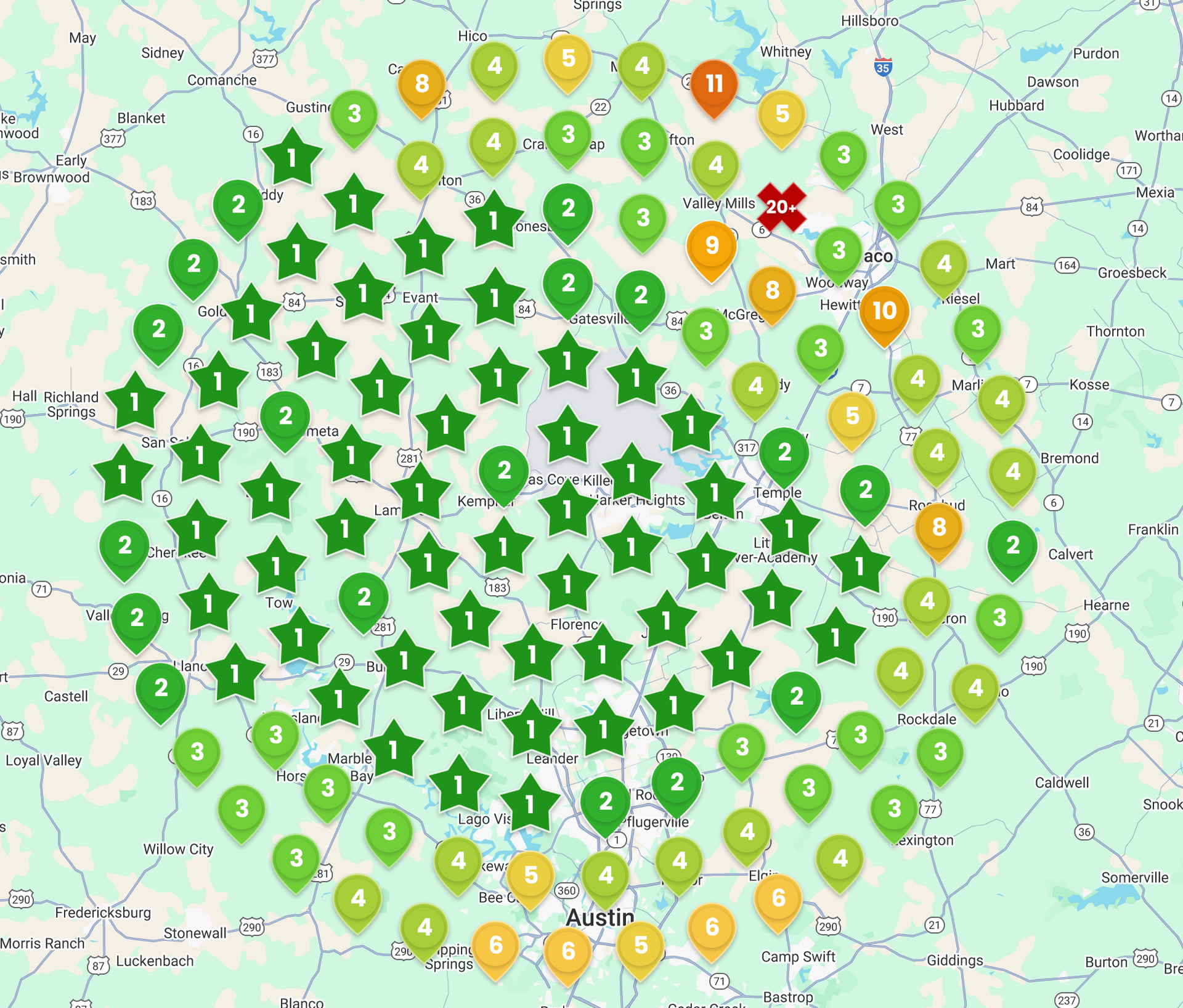 A map with green stars and yellow circles on it