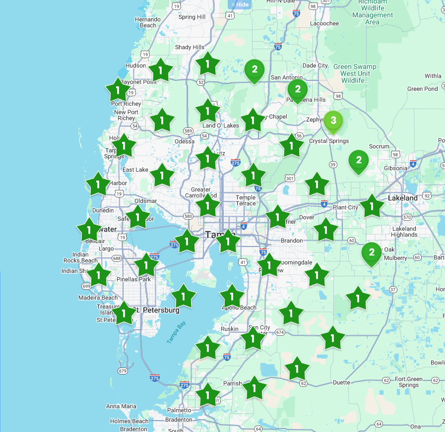A map of a city with green stars on it.