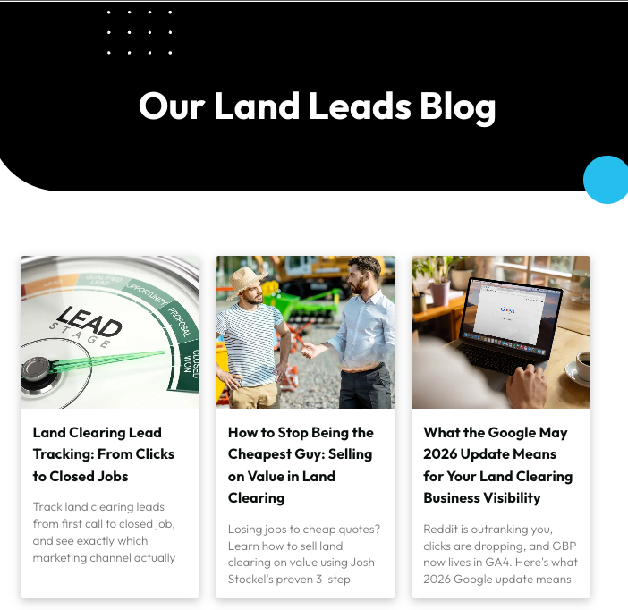 Our Land Leads Blog banner with three article cards and a blue accent dot
