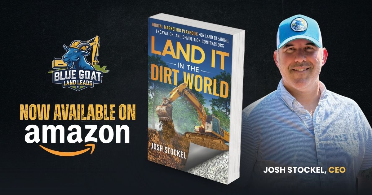 Josh Stockel beside book cover “Land It Dirt World” and “Now available on Amazon” text on dark background