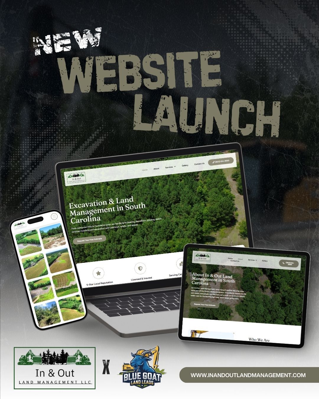 New website announcement: laptop, tablet, and phone displaying website, text 