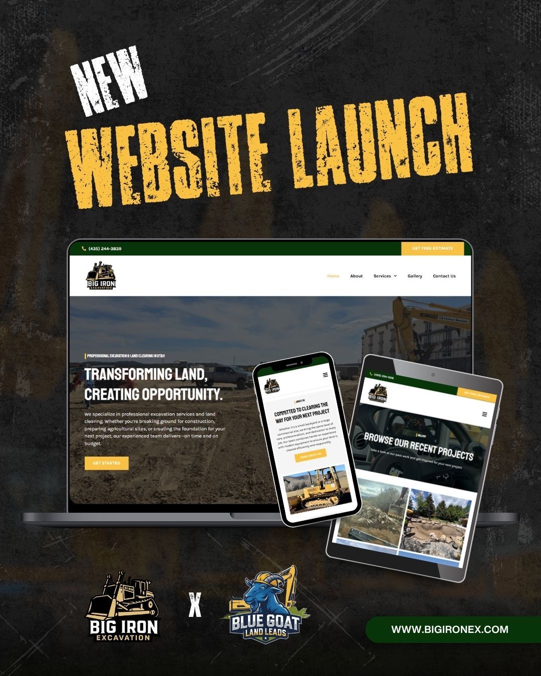 New website launch ad. Laptop and mobile devices display website, featuring land transformation services. 