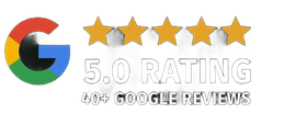Google 5-star rating graphic with 40+ Google reviews and logo