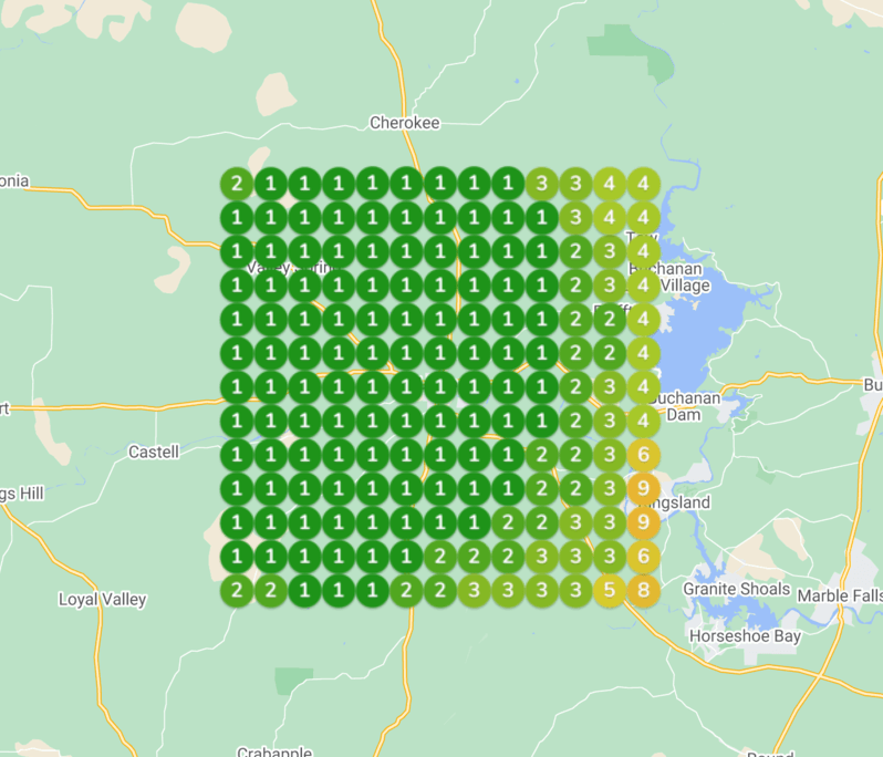 A map with green circles and yellow circles on it