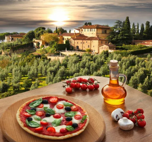 A pizza on a wooden cutting board next to a bottle of olive oil