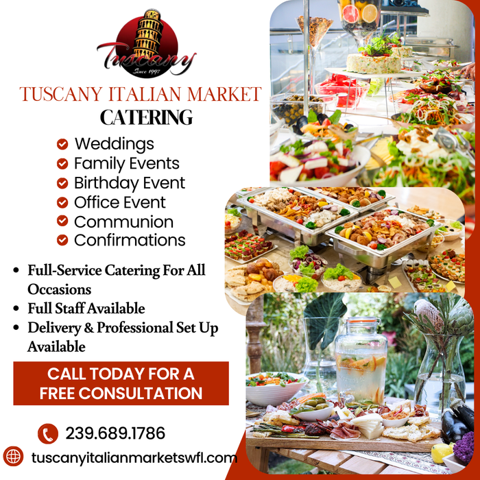 A poster for tuscany italian market catering shows a table full of food.