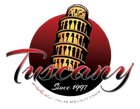 A logo for tuscany since 1997 with a tower in the center