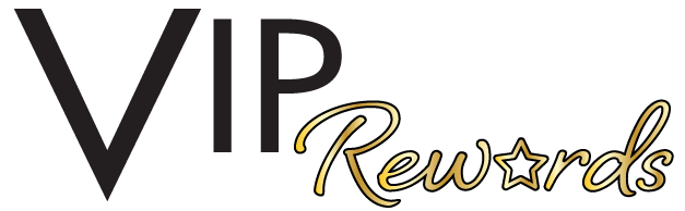 A black and gold logo for vip rewards.