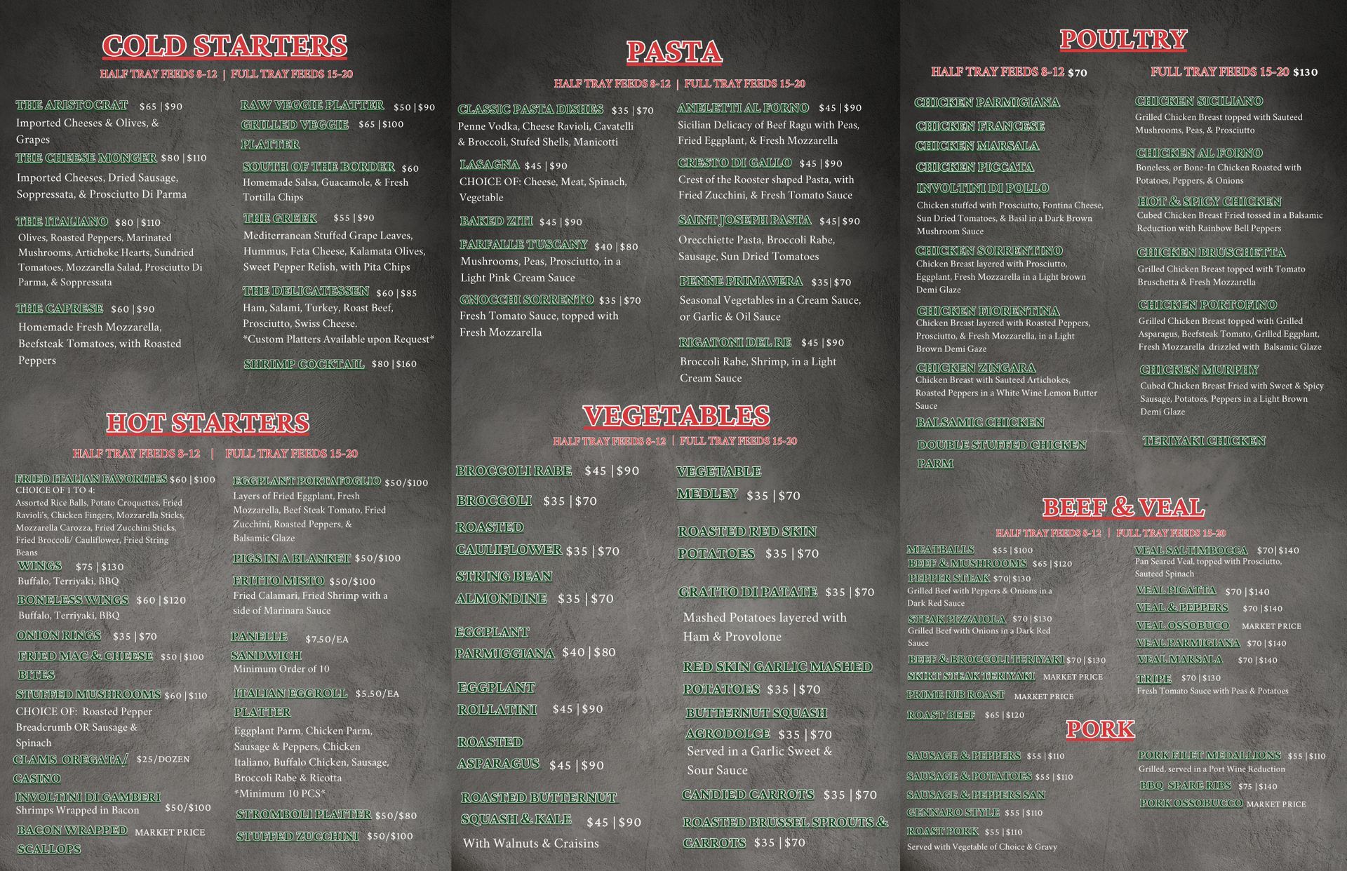 A menu for a restaurant with a chalkboard background