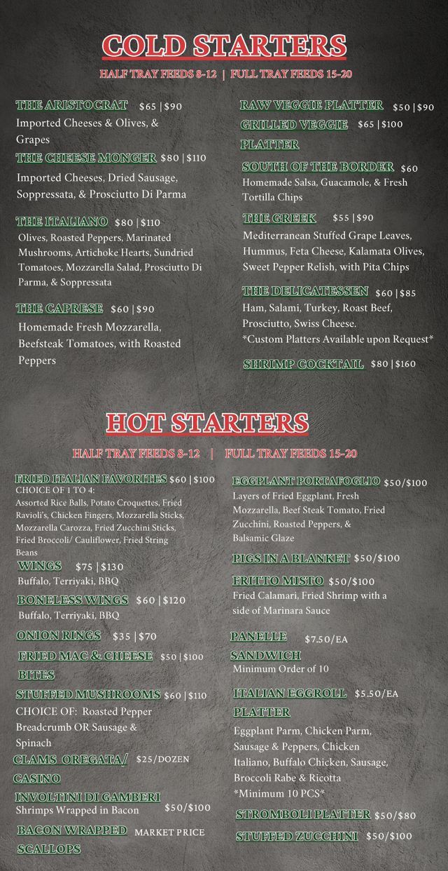 A menu for a restaurant shows a variety of cold starters and hot starters.