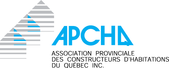 Logo de l'APCHQ, une association québécoise de constructeurs de maisons, avec des lettres bleues et un dessin de bâtiment.