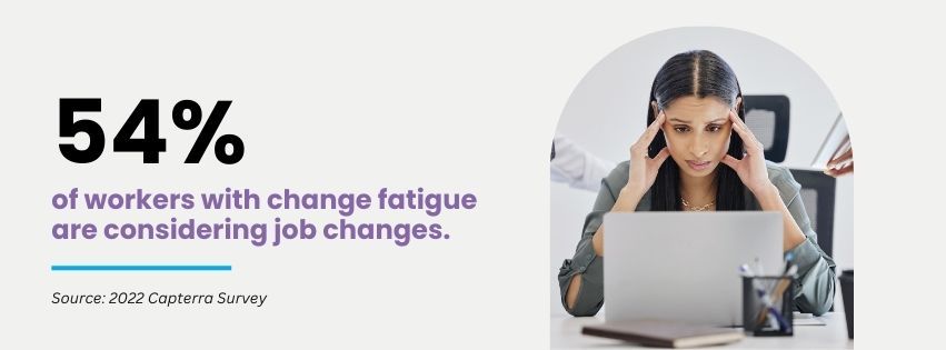 Graphic stating that 54% of workers with change fatigue are considering job changes.
