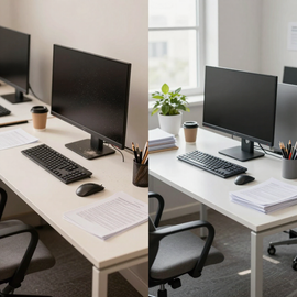 Modern office desks with dual monitors, keyboards, notebooks, and a small potted plant near a bright window