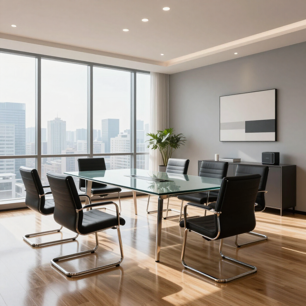 Modern conference room with a glass table, black chairs, and hardwood floors overlooking a city skyline.