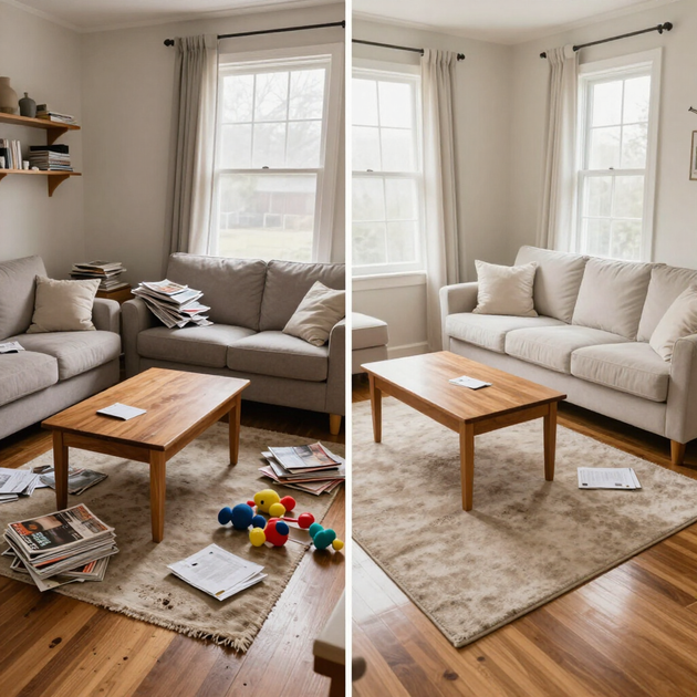 Split-view living room before-and-after: messy beige sofa area on left, tidy rug and sofa on right.