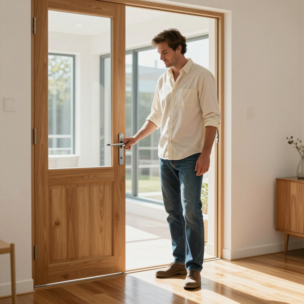 A person in a cream shirt and jeans stands by an open wooden, glass-paneled door inside a bright, modern room.